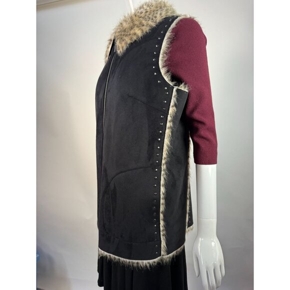Dennis Basso Faux Fur Trimmed Studded Suede Vest Luxe Winter Layering Piece - Picture 3 of 16